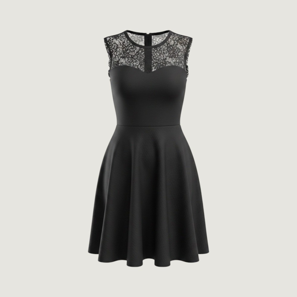 Just Me Black Lace Mesh Fit and Flare Skater Dress Sleeveless JMD6221 Small
